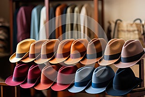 Trendy hats displayed in a chic boutique phot - stock photography concepts