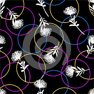 Trendy high contrast modern sillhouette flowers with colorful line circle seamless pattern design for fashion ,fabric ,web,