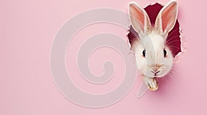 Trendy holiday composition made with Easter cute baby bunny peeking out. AI Generative