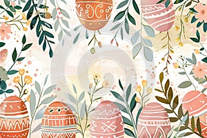 Trendy illustration of Easter eggs, flowers, leaves and branches. For greeting card, background or invitation