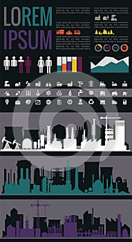 Trendy industrial city infographics templates with various elements