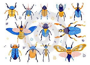 Trendy insects. Funny colorful bugs, abstract geometry patterns bright colors, different types and breeds beetles