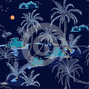 Trendy Island and palm trees hand drawing sketch line in seamless pattern vectoe for fashion fabric and all prints