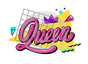 A trendy, isolated vector graphic illustration of the word - Queen - in a retro 90\'s style with bright geometric elements