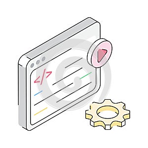 A trendy isometric outline icon of web coding interface