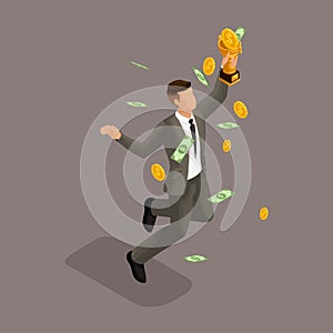 Trendy isometric people, 3d businessman, concept with young businessman, money, gold, receiving awards and money prize