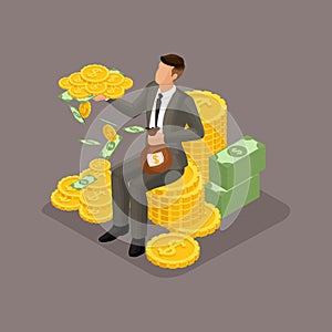 Trendy Isometric people, 3d businessman, concept with young businessman, money, profit, gold, saving money, investing money