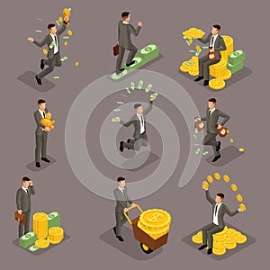 Trendy isometric people, 3d businessman, concept with young businessman, money, success, gold, wealth, joy, work, movement