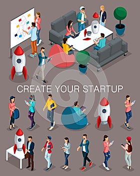 Trendy isometric people, 3d businessman, concept with young people, young team of specialists, creating startup, brainstorming