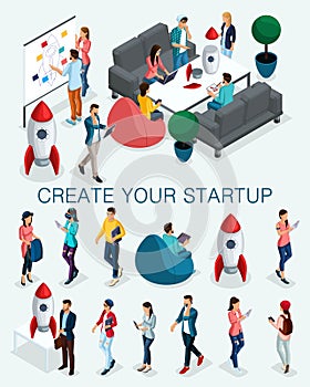 Trendy isometric people, 3d businessman, concept with young people, young team of specialists, creating startup, brainstorming