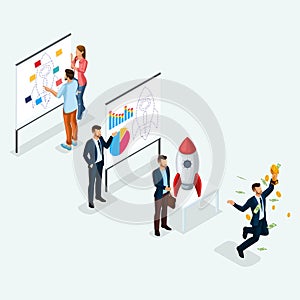 Trendy Isometric people, 3d businessman, development of start-up, path to success, creative young people, team of professionals