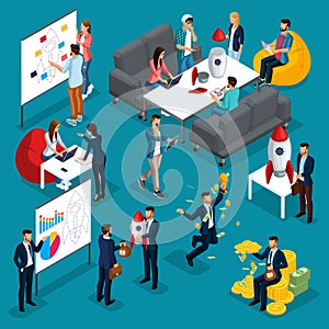 Trendy isometric people, 3d businessman, development start-up, team of professionals, students, business creation, brainstorming