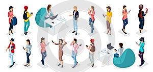 Trendy isometric vector people, 3d person teenagers, modern girl and gadgets, freelancers, startup, coworking, office work