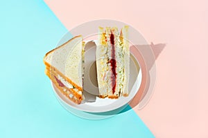 Trendy Korean sandwich inkigayo on a plate on two-color pastel background, shot with hard light photo