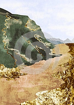 Trendy Landscape Flat Boho Background , Abstract mountains with Gold spots. Bohemian poster, card,template Mountain