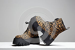 Trendy leopard print shoes with high sole. fashion still life