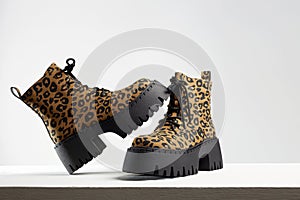 Trendy leopard print shoes with high sole. stylish boots