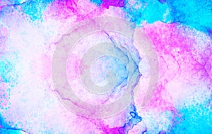 Trendy light blue, pink and purple alcohol ink abstract background. Watercolor paint splash texture effect illustration for cards