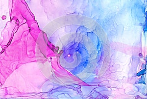 Trendy light blue, pink and purple alcohol ink abstract background. Watercolor paint splash texture effect illustration for cards