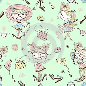 Trendy little cute girls who want to look like adults. Fashionistas with women`s accessories. Seamless pattern. Vector photo