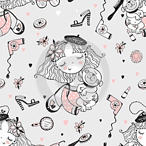 Trendy little cute girls who want to look like adults. Fashionistas with women`s accessories. Seamless pattern. Vector photo