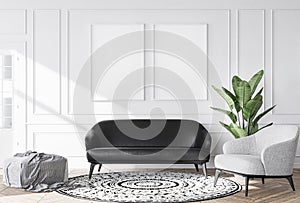 Trendy living room interior space of modern apartment and black and grey furniture, empty frame mock up . Home decoration