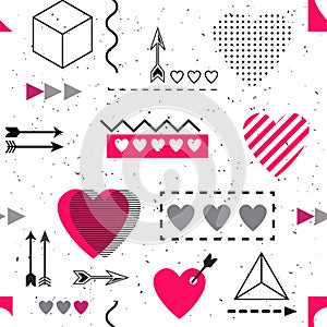 TRENDY LOVE GEOMETRIC SEAMLESS VECTOR PATTERN. DIVERSE SYMBOL HEART PAINTED ART TEXTURE. VALENTINES DAY BACKGROUND