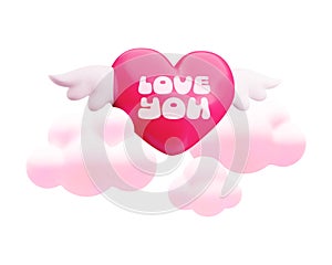 Trendy Love you illustration. Cartoon 3d red heart with cute white angel wings and pastel pink clouds. Vector Happy