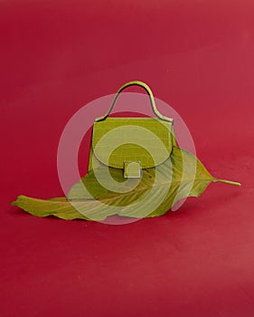 Trendy luxury texture leather green handbag with top handle cover with green leaf. red background