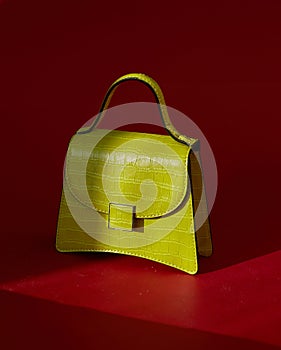 Trendy luxury texture leather green handbag with top handle. red background, sun light and shadows