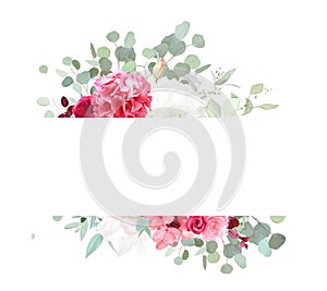 Trendy magenta and barbie pink color vector design frame banner. Pink rose, white magnolia, hot pink hydrangea