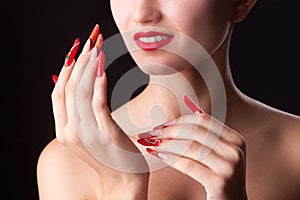 Trendy manicure and red lips. Beauty fashion makeup and manicure.