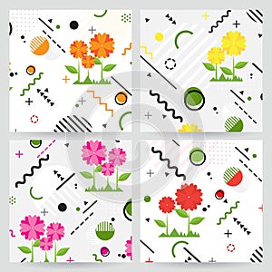 Trendy Memphis style geometric pattern with flower, vector