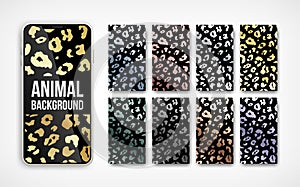 Trendy metallic leopard abstract vertical background set. Vector wild animal golden, silver, chrome, rose gold texture