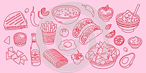 Trendy Mexican food line art in pink colors. Line art vector hand drawn doodle cartoon set of Mexican Food theme