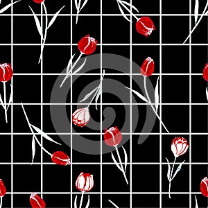 Trendy modern Grid check background on top with beautiful blowing red tulip leaves and garden flowers seamless pattern vector