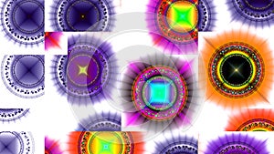 Trendy modern multicolored alternativ psychedelic fractal backdrop made out of intricate decorative rings and stars.