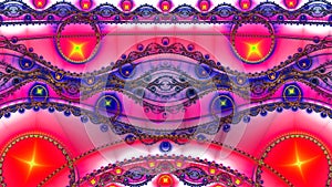 Trendy modern multicolored alternativ psychedelic fractal backdrop made out of intricate decorative waves, rings, stars