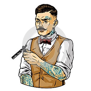 Trendy mustached barber with tattoos