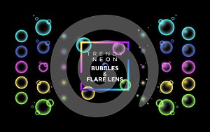 Trendy Neon Bubbles, Set of Round Bubbles With Glowing Light Effects. Colorful Effects.