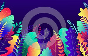 Trendy neon gradient plants and leaves background in flat style