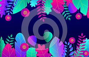 Trendy neon gradient plants and leaves background in flat style