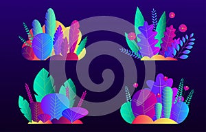 Trendy neon gradient plants and leaves background in flat style