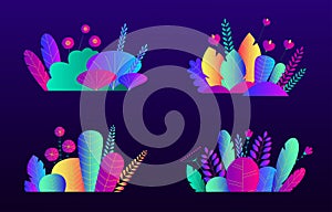 Trendy neon gradient plants and leaves background in flat style