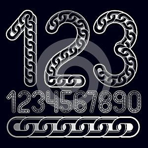 Trendy numbers collection, vector numeration. Made with iron chain, linked connection.