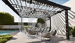 Trendy outdoor patio pergola shade structure, awning and patio roof,