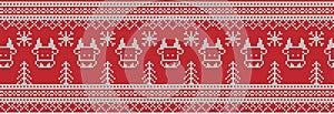 Trendy paper art pattern with knitted texture seamless bull. Watercolor style texture. Background, wallpaper. Christmas decoration