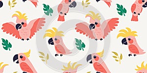 Trendy pattern with parrots and tropical leaves. Vector seamless texture.