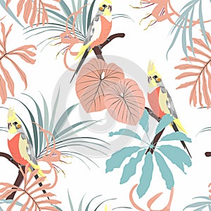 Trendy pattern with parrots and tropical leaves. Vintager seamless texture.  Square repeating design for fabric and wallpaper.