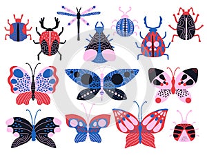 Trendy patterned butterflies and bugs. Colorful cute beetles, beautiful winged insects, amazed moths and dragonfly